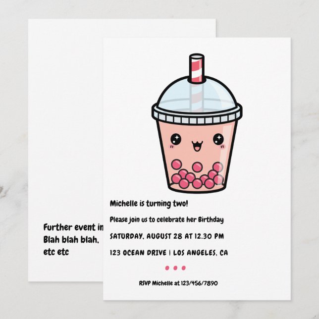 Kawaii Bubble Tea Birthday Party Invitation (Front/Back)