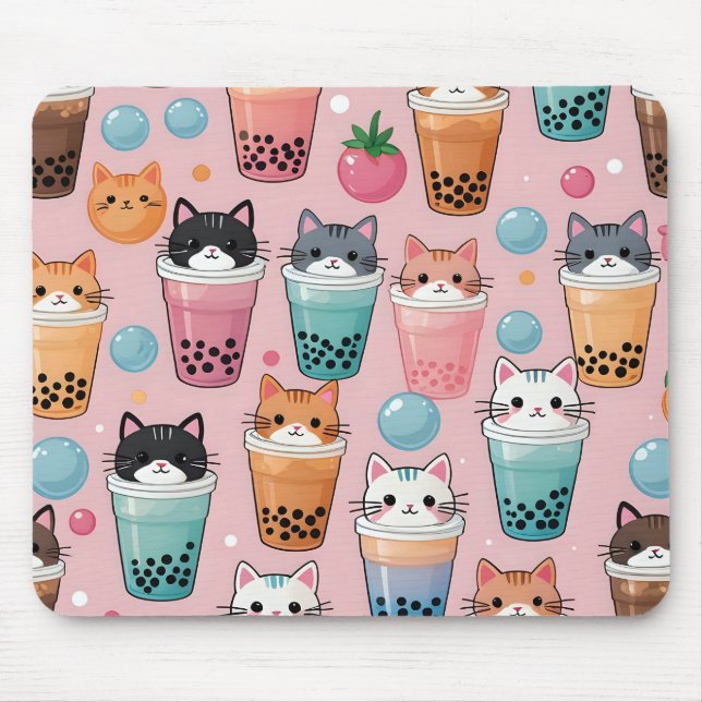 Kawaii Bubble Tea Cats Seamless Pattern Mouse Mat (Front)