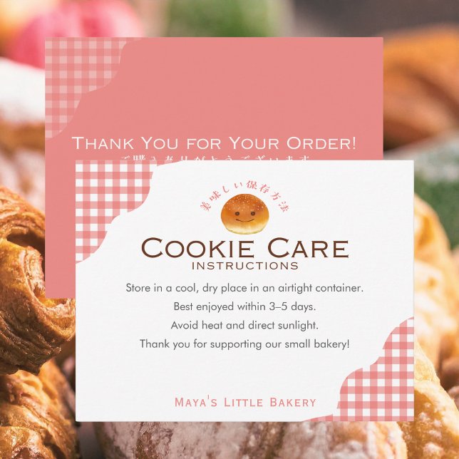 Kawaii Bun Red Gingham Cookie Care Instructions Thank You Card (Creator Uploaded)