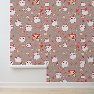 Kawaii Bunny and Snack Pattern on Taupe Wallpaper