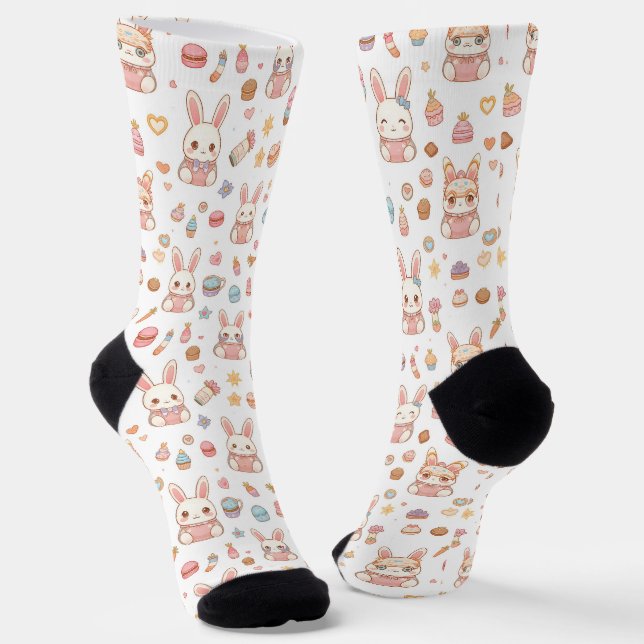 Kawaii Bunny Café Easter Cute Chibi Bunnies  Socks (Angled)