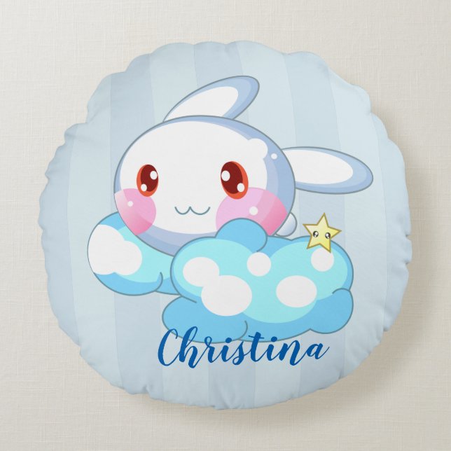 Kawaii Bunny, Cloud & Star Custom Round Cushion (Front)