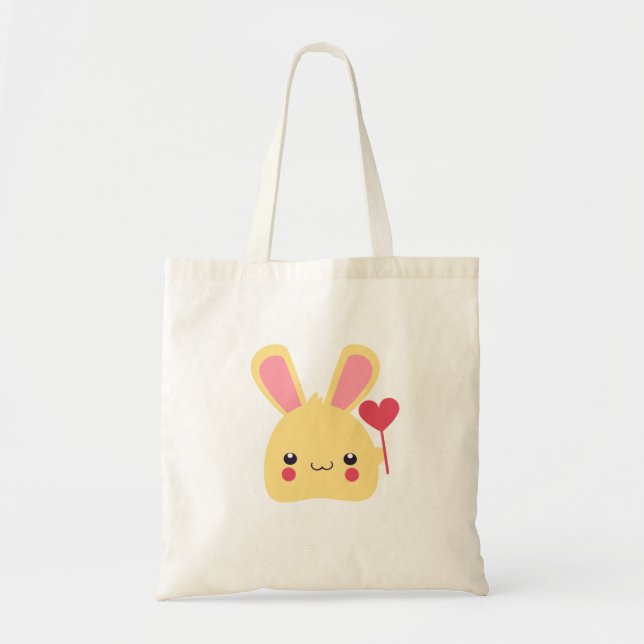 Kawaii Bunny Rabbit Face with Heart on a Stick Tote Bag (Front)