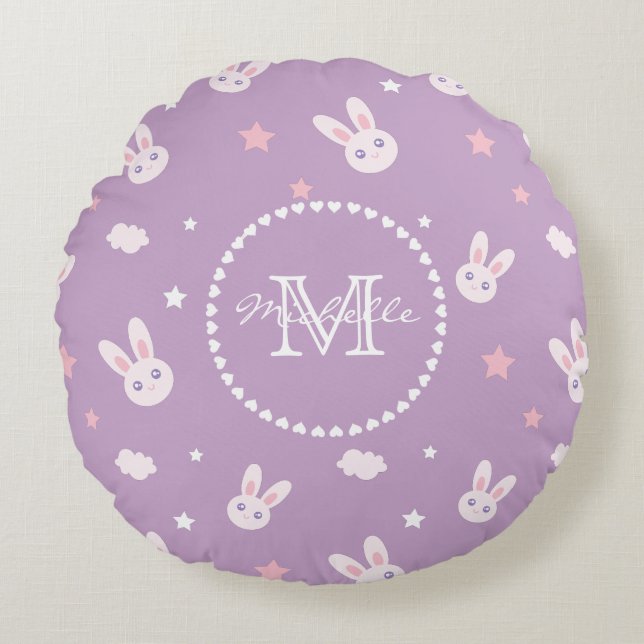Kawaii Bunny Rabbit Pastel Purple Pattern Monogram Round Cushion (Front)