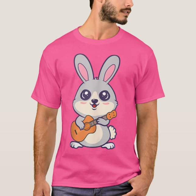 Kawaii Bunny Rabbits Playing Acoustic Guitar Carto T-Shirt (Front)