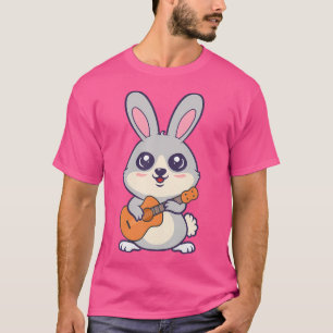 Kawaii Bunny Rabbits Playing Acoustic Guitar Carto T-Shirt