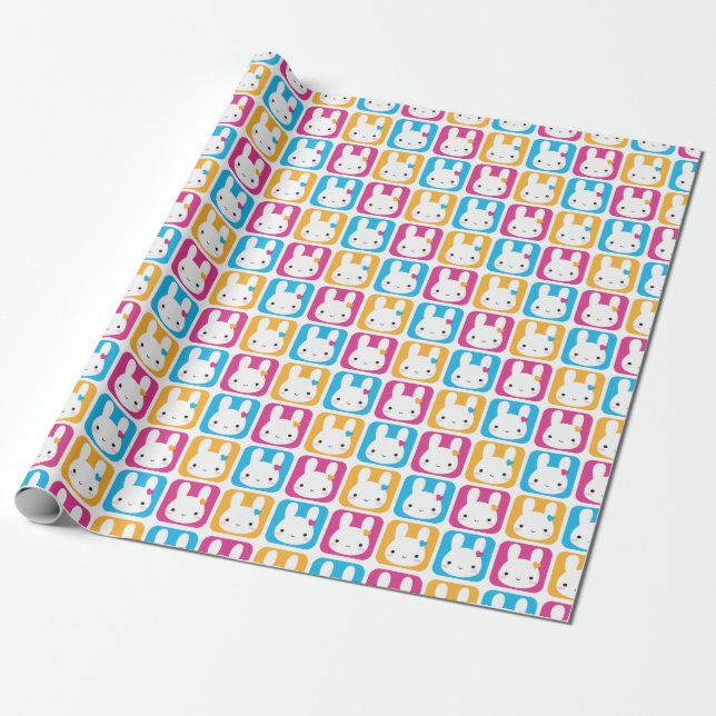Kawaii Bunny Squares Wrapping Paper (Unrolled)