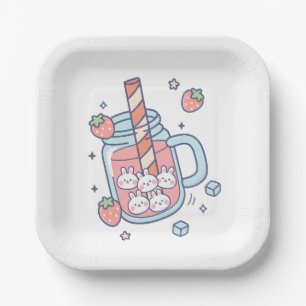 Kawaii Bunny Strawberry Drink Paper Plate