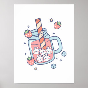 Kawaii Bunny Strawberry Drink Poster