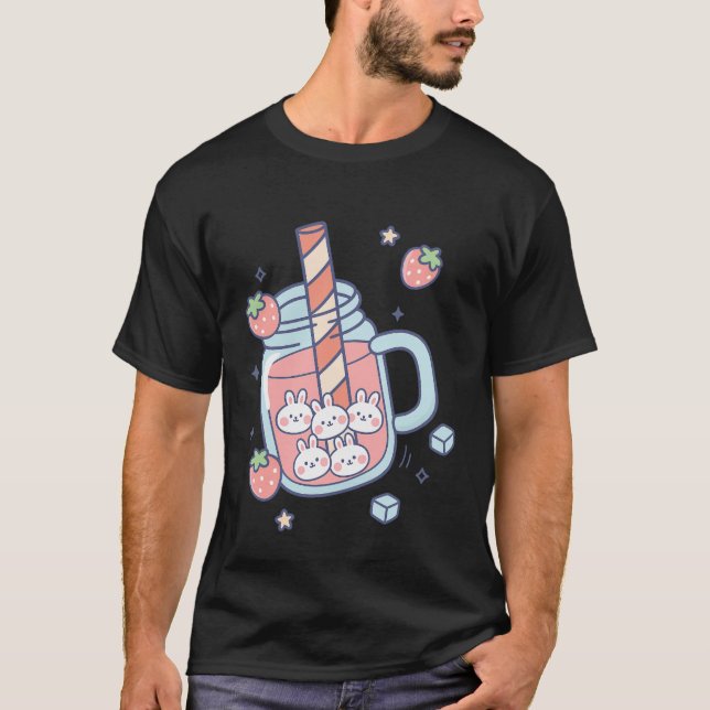 Kawaii Bunny Strawberry Drink T-Shirt (Front)