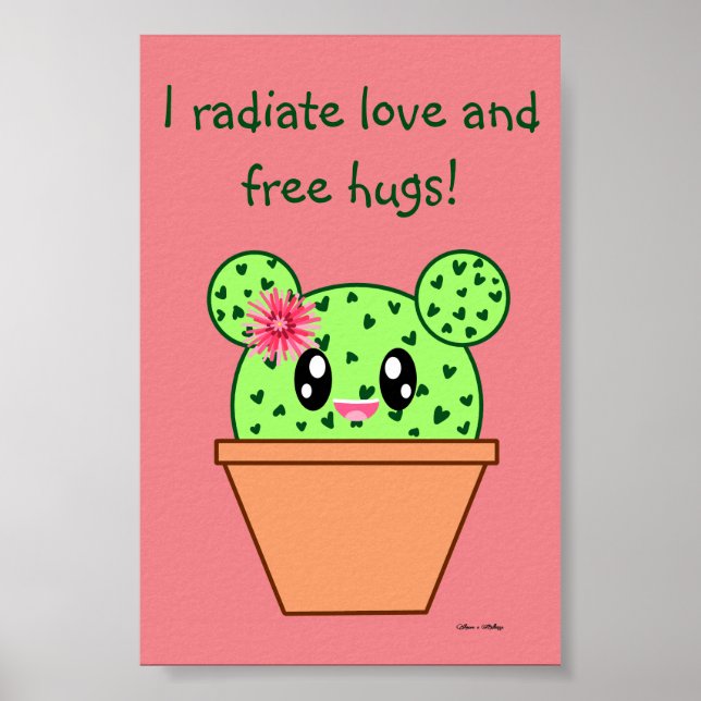 Kawaii Cactus Drawing Free Hugs Pink Poster (Front)