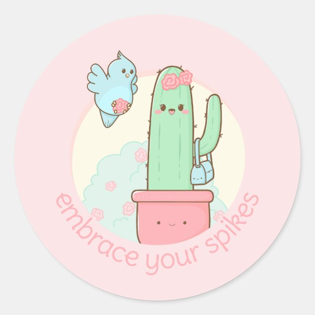 Kawaii cactus embrace your true self classic round sticker (Front)