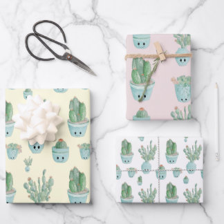 Kawaii Cactus Gift Wrap - set of 3