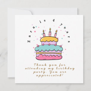 Kawaii Cake Kids Birthday Party Thank You Card