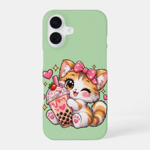 Kawaii Calico Cat Boba Tea Winking Strawberry Mint iPhone 16 Case