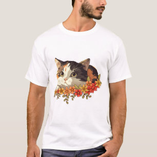 Kawaii Calico Cat Floral Peeking Art T-Shirt