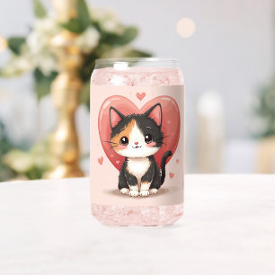 Kawaii Calico Cat Heart Valentine Design Can Glass