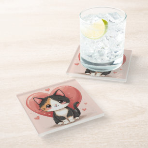 Kawaii Calico Cat Heart Valentine Design Glass Coaster