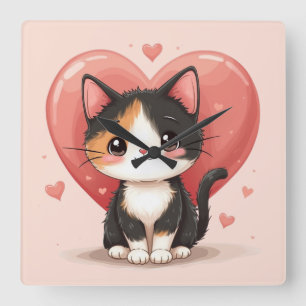 Kawaii Calico Cat Heart Valentine Design Square Wall Clock