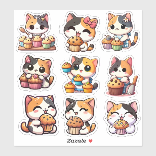 kawaii calico cat muffin Custom-Cut Vinyl Sticker (Sheet)