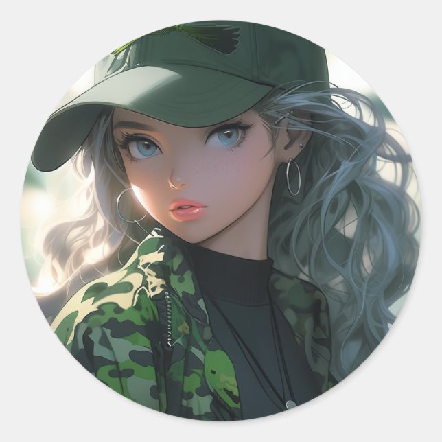 Kawaii Camouflage Military Hunter Drill Anime Girl Classic Round Sticker (Front)