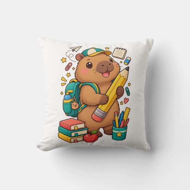 Kawaii Capybara School Supplies Throw Pillow (Front)