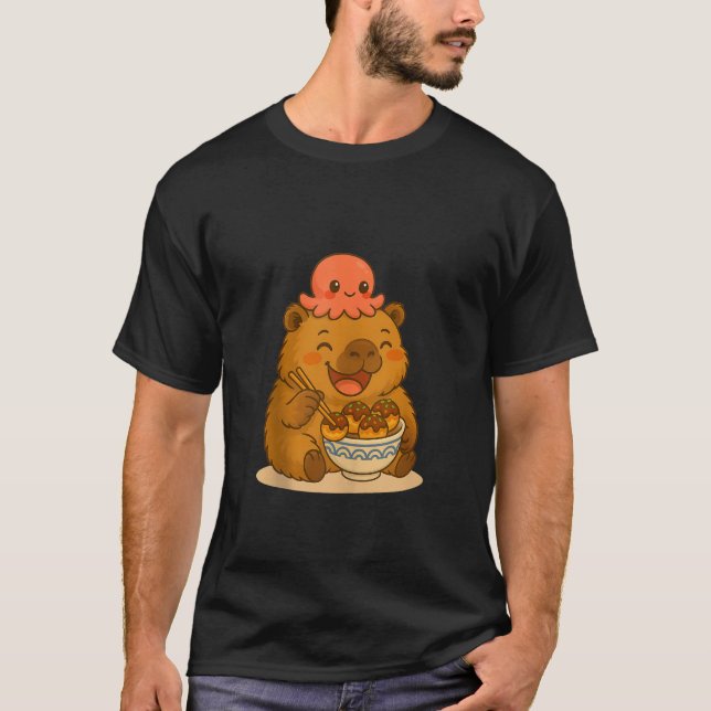 Kawaii Capybara with Octopus Eating Takoyaki Japan T-Shirt (Front)