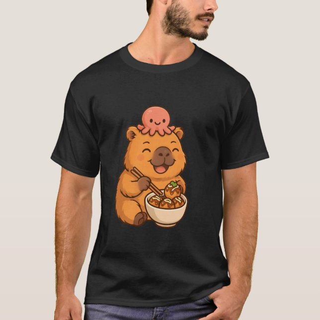 Kawaii Capybara with Octopus Eating Takoyaki Japan T-Shirt (Front)