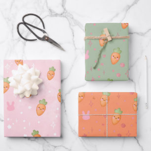 Kawaii Carrot Bunny Wrapping Paper Set of 3