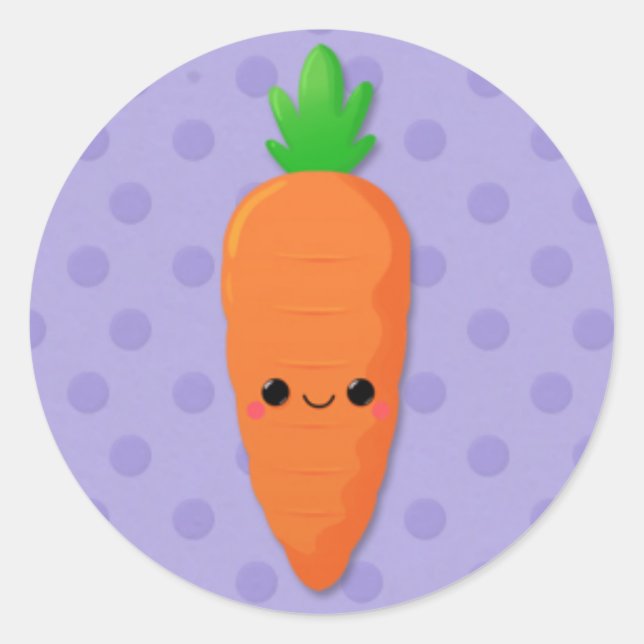 Kawaii Carrot on Purple Polka Dots Classic Round Sticker (Front)