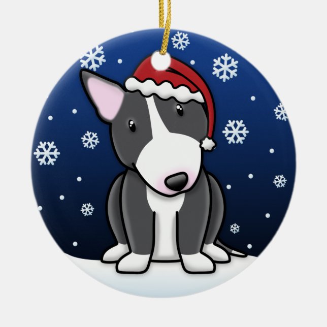 Kawaii Cartoon B&W Bull Terrier Christmas Ceramic Tree Decoration (Front)