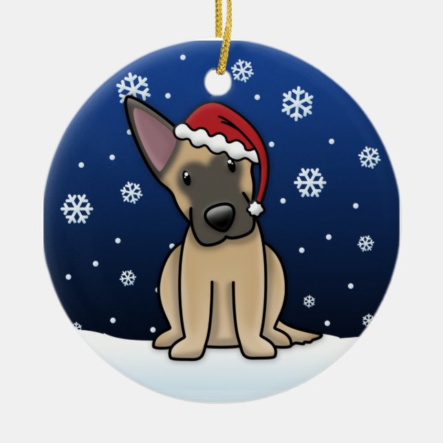 Kawaii Cartoon Belgian Malinois Christmas Ceramic Tree Decoration (Front)