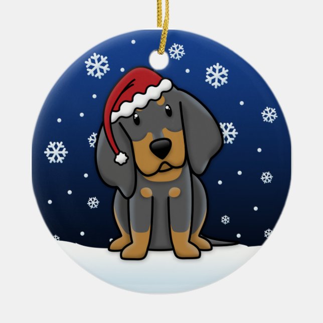 Kawaii Cartoon Black & Tan Coonhound Christmas Ceramic Tree Decoration (Front)