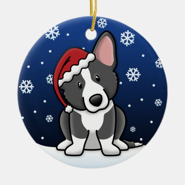 Kawaii Cartoon Black & White Cardigan Welsh Corgi Ceramic Tree Decoration (Front)