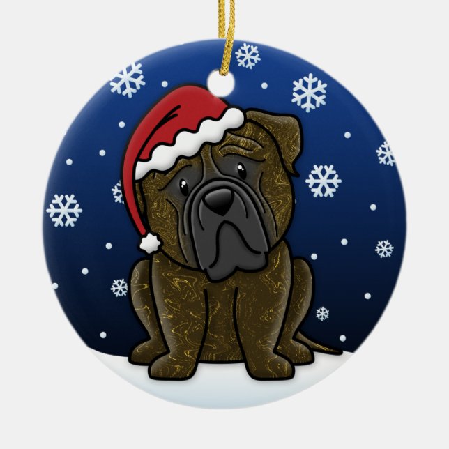 Kawaii Cartoon Brindle Bullmastiff Christmas Ceramic Tree Decoration (Front)