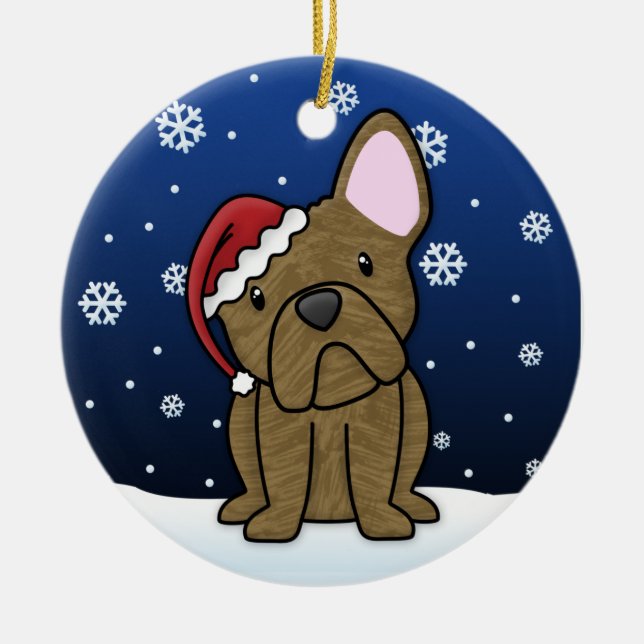 Kawaii Cartoon Brindle French Bulldog Christmas Ceramic Tree Decoration (Front)