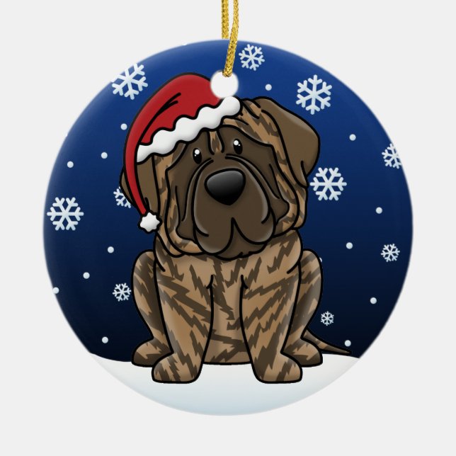 Kawaii Cartoon Brindle Mastiff Ceramic Tree Decoration (Front)