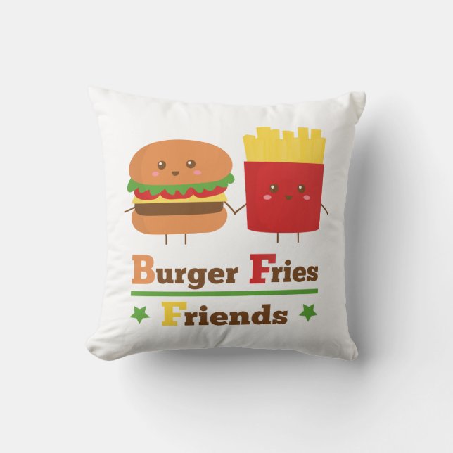 Kawaii Cartoon Burger Fries Friends BFF Cushion (Front)