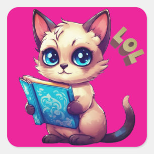 Kawaii cartoon cat reading a book square sticker