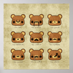 Kawaii Cartoon Grunge Bears with Moustaches Poster
