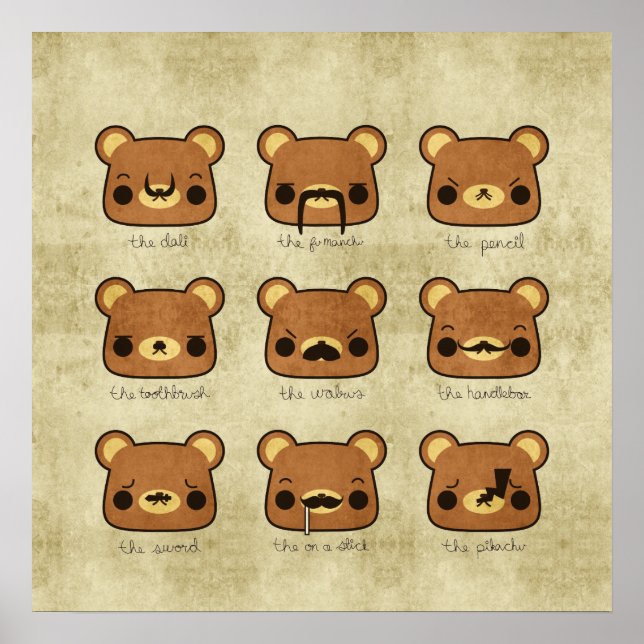 Kawaii Cartoon Grunge Bears with Moustaches Poster (Front)