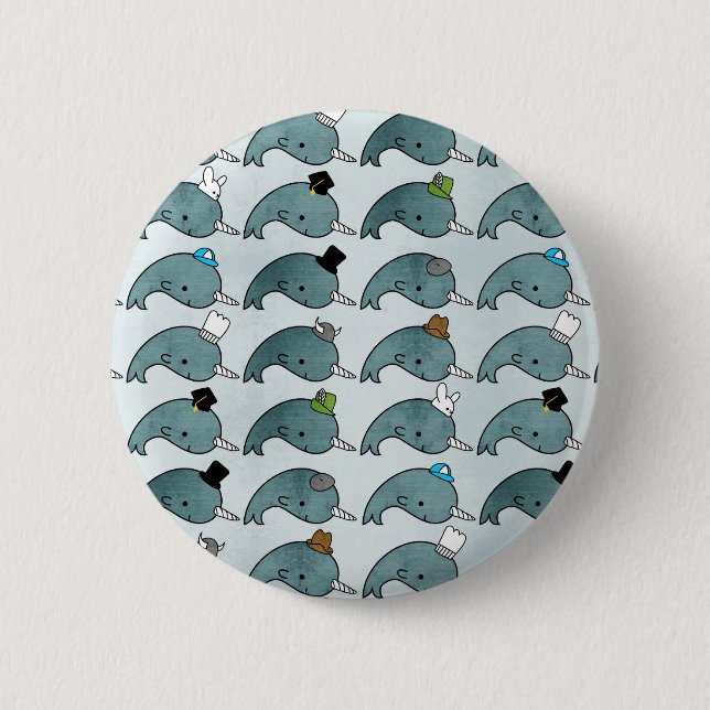 Kawaii Cartoon Grunge Narwhals with hats Button (Front)