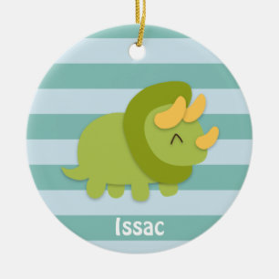 Kawaii cartoon of green and yellow Triceratops Ceramic Tree Decoration