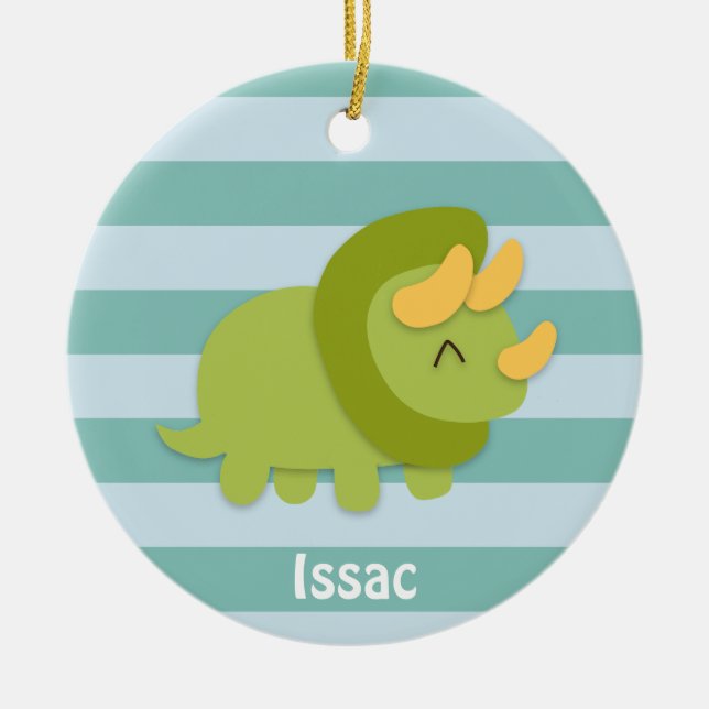 Kawaii cartoon of green and yellow Triceratops Ceramic Tree Decoration (Front)