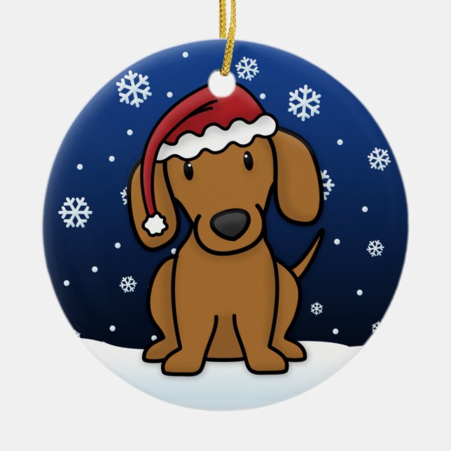 Kawaii Cartoon Red Dachshund Christmas Ceramic Tree Decoration (Front)