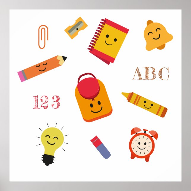 Kawaii Cartoon School Supplies Classroom Poster  (Front)