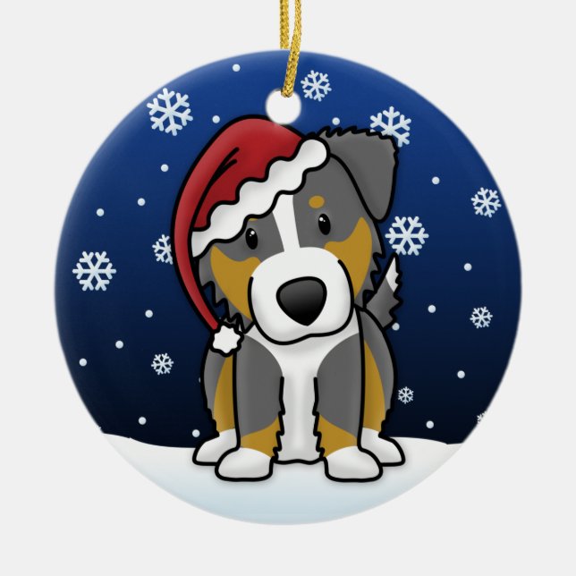 Kawaii Cartoon Tri Australian Shepherd Christmas Ceramic Tree Decoration (Front)