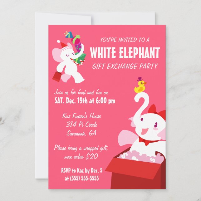 Kawaii Cartoon X-mas White Elephant Party Invitation (Front)