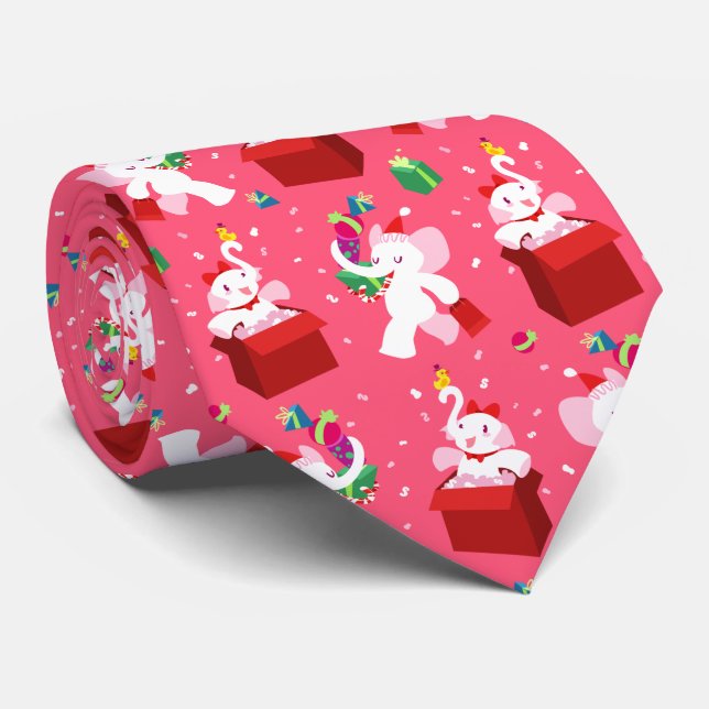 Kawaii Cartoon X-mas White Elephant Tie (Rolled)