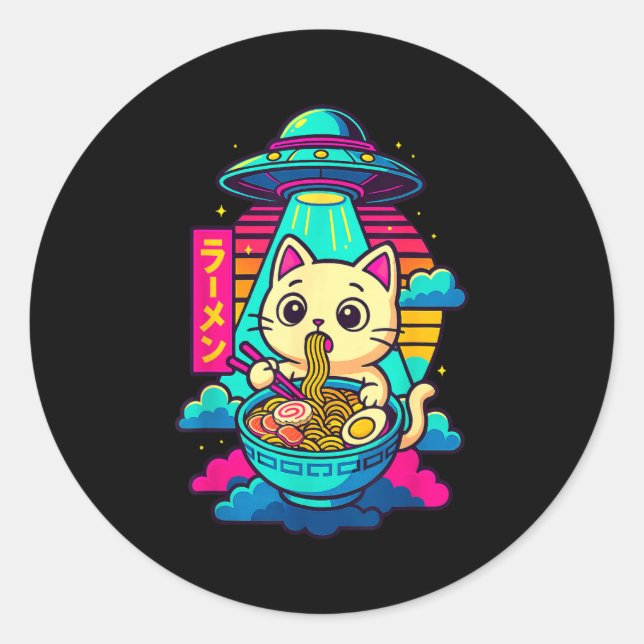 Kawaii Cat Alien Ufo Ramen Graphic Tee Funny Japan Classic Round Sticker (Front)